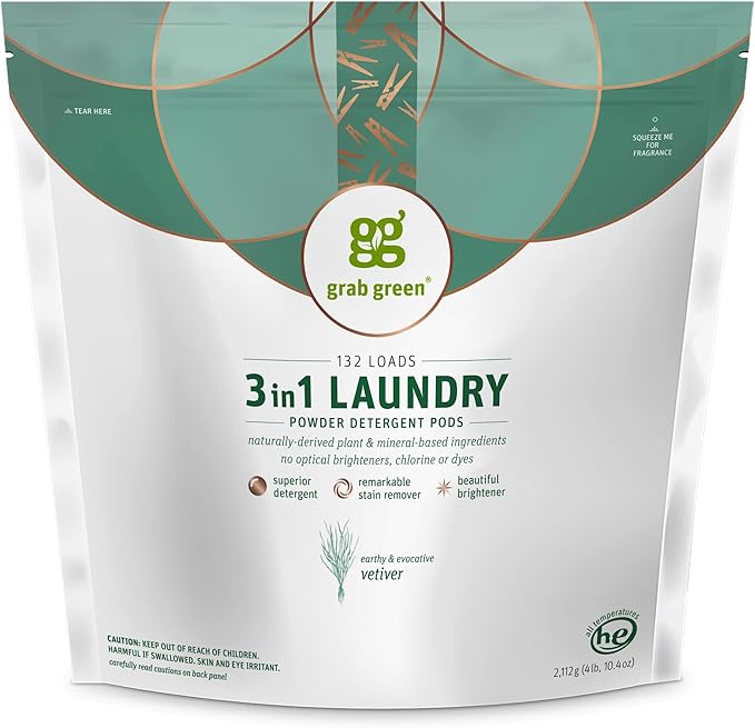 Grab Green 3-in-1 Laundry Detergent Pods, Vetiver Scent, Plant and Mineral Based, Superior Cleaning Power, Stain Remover, Brightens Clothes, White, 132 Count