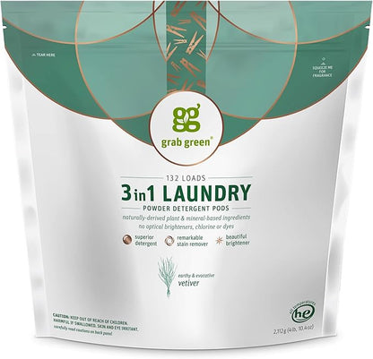 Grab Green 3-in-1 Laundry Detergent Pods, Vetiver Scent, Plant and Mineral Based, Superior Cleaning Power, Stain Remover, Brightens Clothes, White, 132 Count