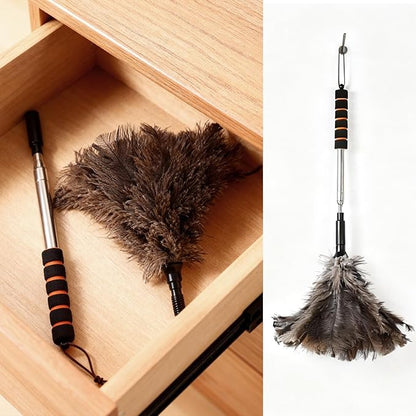 Extendable Ostrich Feather Duster 26-55 Inch, Natural Cleaning Duster with Sponge Grip and Stainless Steel Extension Pole Reusable for High Ceilings, Fans, Blinds, Furniture, Interior & Roof Dusting.