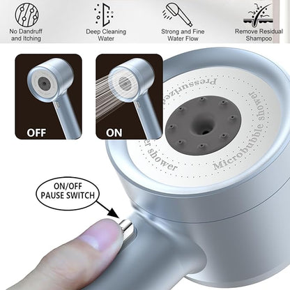High Pressure Shower Head with Handheld, with Pause Switch 4 Spray Modes Water Saving Showerhead,Showerhead Set with Hose, Bracket and Cotton Filter, (blue)