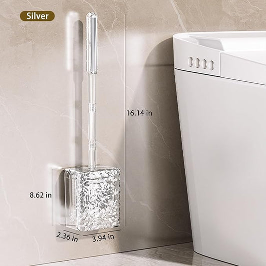 Silicone Toilet Brush with Holder Deep Cleaning Toilet Brush with Flexible Bristles Floor Standing & Wall Mounted Space Saving for Bathroom Modern Design Quick Drying Easy to Assemble Silver