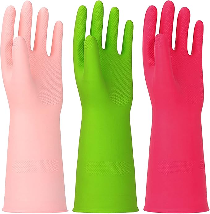 3 Pairs Rubber Cleaning Gloves Latex Free Dishwashing Gloves - 13" Reusable Nitrile Gloves Small, Green+Pink+Red