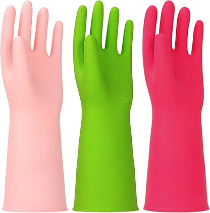 3 Pairs Rubber Cleaning Gloves Latex Free Dishwashing Gloves - 13" Reusable Nitrile Gloves Large, Green+Pink+Red