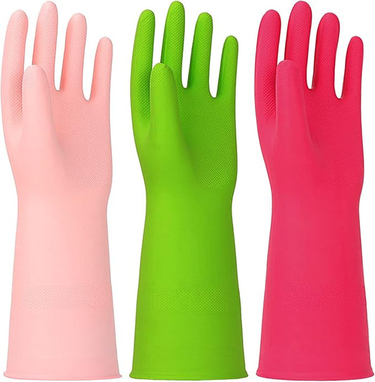 3 Pairs Rubber Cleaning Gloves Latex Free Dishwashing Gloves - 13" Reusable Nitrile Gloves Large, Green+Pink+Red
