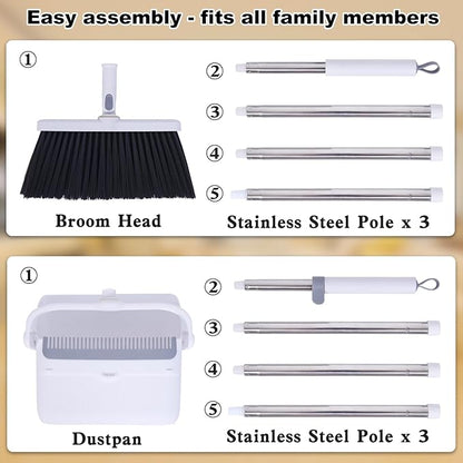 Heavy Duty Broom and Standing Dustpan Combo Set, Rotatable Head Dust Pan and Brush Set with Collapsible Handle, Cleaning Teeth, Hanging Loop, Ideal for Pets, RV, Kitchen, Camping, Outdoor Floor, White