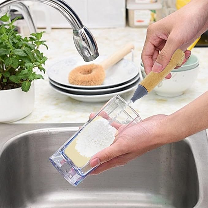 2 Pcs Wine Glass Cleaning Brush with Bamboo Handle – Foam Glass Scrubber for Wine Glasses, Whiskey Cups, and Bottles, 10.2x2.2 In (White)