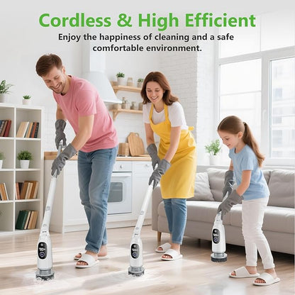 Electric Spin Scrubber, Cordless Cleaning Brush, 3H Work Time, Bathroom Scrubber with LED Display, 3-Speed Extendable Handle, IPX7 Waterproof, 8 Brush Heads for Shower, Tile, Tub, Floor, Toilet, Grout