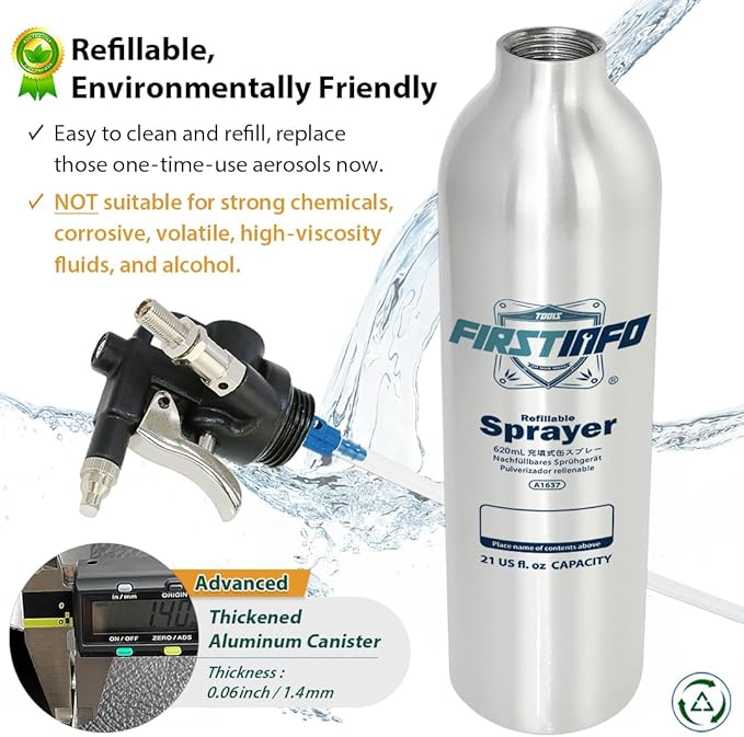 FIRSTINFO A1637 (3rd Gen) Patented Lightweight Max. Pressure 140psi / 620ml Thickened Aluminum Canister Refillable Aerosol Spray Can | Compressed Air Sprayer | Wide Mist Spray Only