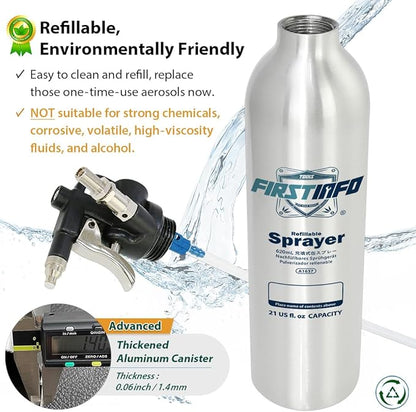 FIRSTINFO A1637 (3rd Gen) Patented Lightweight Max. Pressure 140psi / 620ml Thickened Aluminum Canister Refillable Aerosol Spray Can | Compressed Air Sprayer | Wide Mist Spray Only