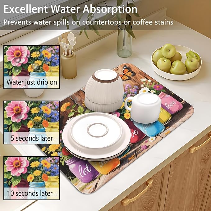 Dish Drying Mat for Kitchen Counter 2 Pack with Non-Slip Rubber Backing - Heat-Resistant Absorbent Coffee Bar Mat, Dish Rack Mat, Farmhouse Floral Wooden Board Dish Drying Mats 18x24+19.5x12 inch