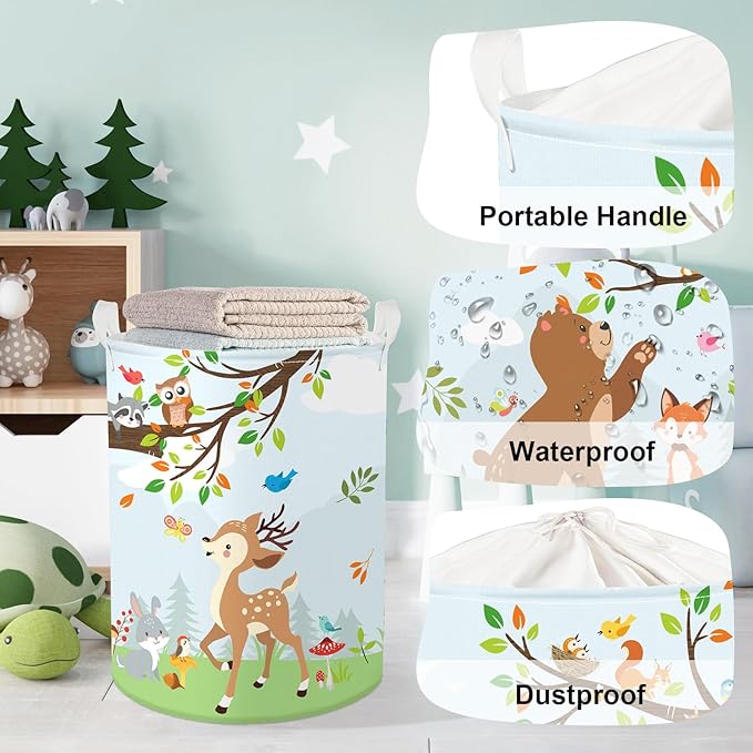Forest Animals Laundry Hamper Woodland Tree Large Storage Basket Parents Organizer Kids Clothes Toy Bins for Bedroom, Bathroom, Hedgehog, 63L