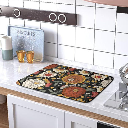 Vintage Floral Dish Drying Mat for Kitchen Counter Retro Sunflower Floral Absorbent Microfiber Dry Dish Mat Reversible Washable Dish Drainer Rack Mat Large 18x24 Inch