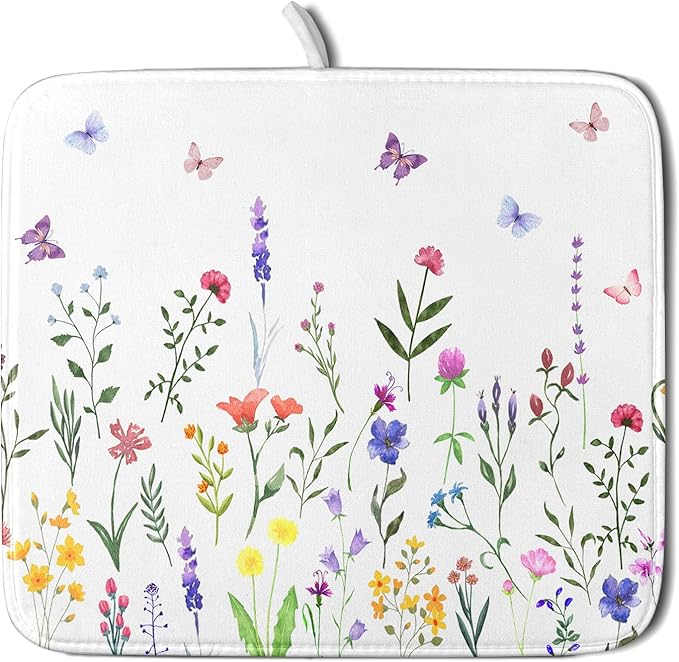 Watercolor Floral Dish Drying Mat for Kitchen Counter 16x18 Inch Spring Summer Wild Flower Butterfly Absorbent Reversible Microfiber Dish Drainer Rack Mats Countertops Protector Mat