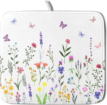Watercolor Floral Dish Drying Mat for Kitchen Counter 16x18 Inch Spring Summer Wild Flower Butterfly Absorbent Reversible Microfiber Dish Drainer Rack Mats Countertops Protector Mat