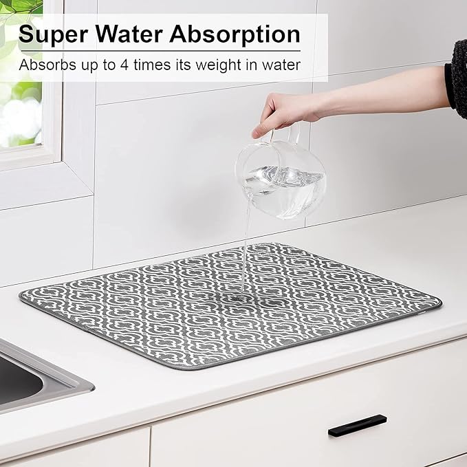 SUBEKYU 24" x 18" Dish Drying Mat, Dish Mat Drying Kitchen Mat Large, Absorbent Microfiber Dish Drainer/Rack Pads, XL, Grey, 2 PACK