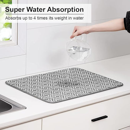 SUBEKYU 24" x 18" Dish Drying Mat, Dish Mat Drying Kitchen Mat Large, Absorbent Microfiber Dish Drainer/Rack Pads, XL, Grey, 2 PACK