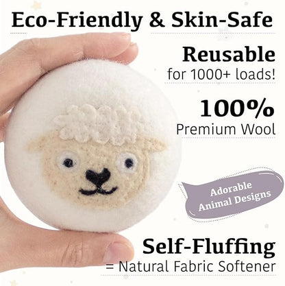 Wool Dryer Balls XL 6-Pack with Felt Box - 100% Pure Wool, Eco-Friendly Fabric Softener, Reduces Wrinkles & Drying Time, Anti-Static, Hypoallergenic, Reusable for 1000+ Loads (White Sheep)