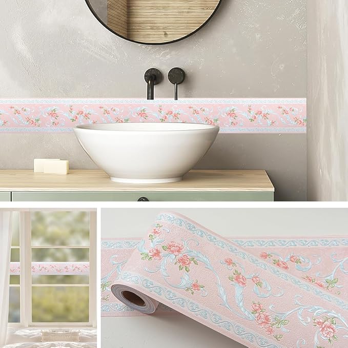 AbaBoorty 394"X4.1"Pink Flower Wallpaper Border Peel and Stick 3D Pattern Wall Decor Trim for Walls Kid Girl Bedroom Sticker Decor Bathroom Mirror Frame Border Roll Removable Self Adhesive Border Trim