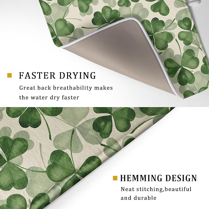 St Patrick's Day Dish Drying Mat for Kitchen Counter 18x24 Saint Patricks Clover Shamrock Green Print Absorbent Reversible Microfiber Drying Mats Kitchen Countertop Protector Dishes Drainer Rack Pad