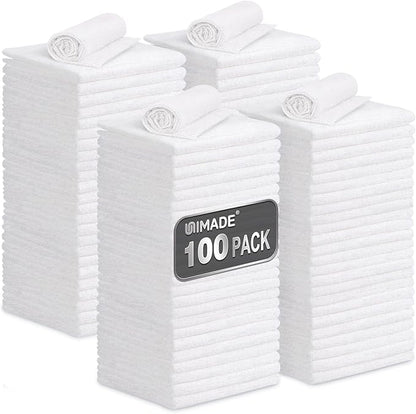 Shop Towels, 100 Pack Commercial Grade Work Rags Microfiber Towels for Cars Cleaning Rags Bulk Detailing Cloth for Automotive Bar Mechanic Restaurant Garage Housekeeping, 11.5"x 11.5", White