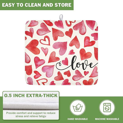 Valentine's Day Dish Drying Mat 16 x 18 Inch Heart Shaped Dish Drying Pad Absorbent Microfiber Mats for Red and Pink Dish Rack Pad for Kitchen Counter Coffee Bar Decor