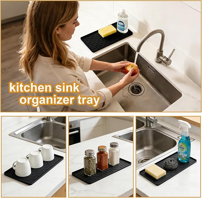 Silicone Coffee Mat, 16"X7" Heat-Resistant,Eco-friendly,Hygienic Drying Pad,Leak-Proof and Non-Slip,Removable Silicone Mat with Concave and Convex Design,（Black 16X7）