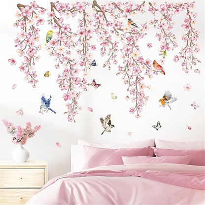 wondever Cherry Blossom Flower Vine Wall Stickers Pink Hanging Floral Tree Branch Birds Peel and Stick Wall Art Decals for Bedroom Living Room Sofa