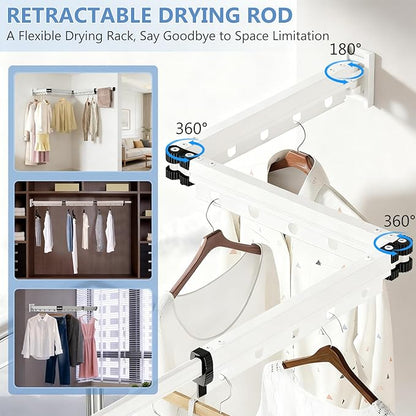 Clothes Drying Rack, Upgrade 3-Fold Wall Mounted Drying Rack Clothing, Laundry Space Saver Retractable Collapsible for Indoor Outdoor Balcony,Laundry,Bathroom, White