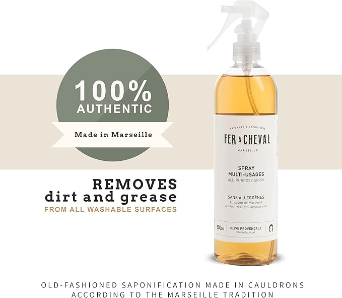 Fer à Cheval Versatile Marseille All-Purpose Spray Cleaner - Natural Provençal Olive Scent, Allergen-Free, 99% Natural Ingredients, 500ml/16.9 fl oz (Single)