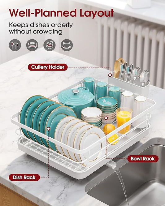 Sakugi Stainless Steel Dish Drying Rack for Kitchen Counter, Sink Organization and Storage Essentials with Silverware & Utensil Holder, Home and Apartment Decor, 12''W x 15.5''L, White