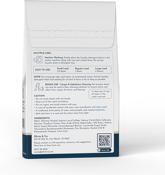 Pet Laundry Detergent Sheets Enzyme Based Odor & Pet Urine Remover-Pet Safe Laundry Sheets-Stain Eliminator-HE Washer Friendly-60 Loads-Carpet & Upholstery Cleaner
