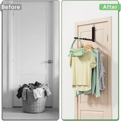 Over the Door Hooks, Extended Over the Door Clothes Hanger with 10 Ridges,Space-Saving Over the Door Rack,Door Hooks for Hanging Clothes,Larger Capacity Over the Door Hanger (1, Black)