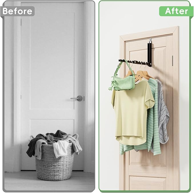 Over the Door Hooks, Extended Over the Door Clothes Hanger with 10 Ridges,Space-Saving Over the Door Rack,Door Hooks for Hanging Clothes,Larger Capacity Over the Door Hanger (2, Black)