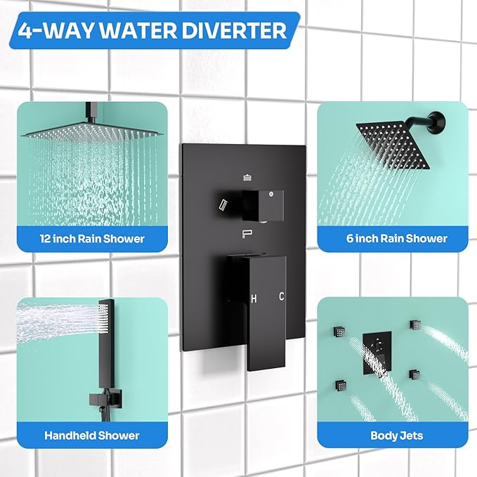 Enga Dual Shower Head Shower System with Body Jets, 12" Ceiling Mounted Rain Shower Head & 6" Wall Mounted Head Full Body Rainfall Shower Faucet with Valve Kit, Matte Black