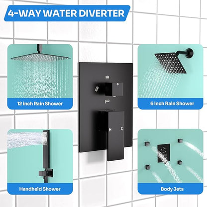 Enga Dual Shower Head Shower System with Body Jets, 12" Ceiling Mounted Rain Shower Head & 6" Wall Mounted Head Full Body Rainfall Shower Faucet with Valve Kit, Matte Black