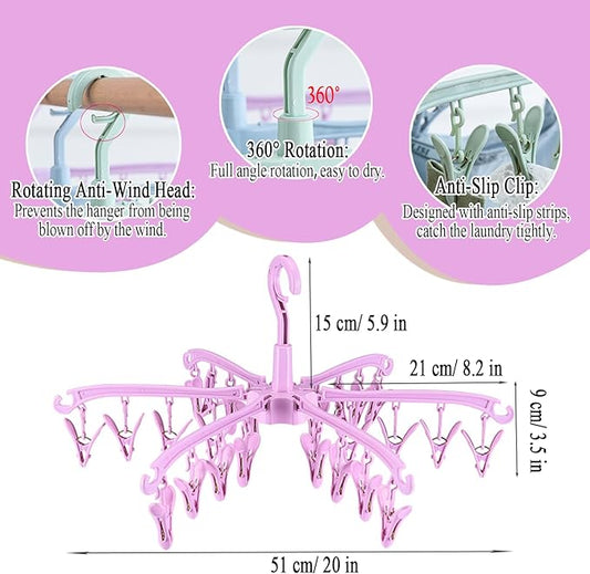 Foldable Drying Rack with 24 Clips for Drying Socks Lingerie Baby Clothes Drying Towels Rotatable Sock Drying Rack