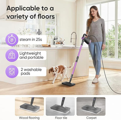 Steam Mop Cleaner for Hardwood Floor Cleaning, Hands-free Steamer Cleaner Handheld with 9-in-1 Multi-purpose Attachments for Bathroom, Windows, Sofas, Clothes, Tiles Grout (Purple-Grey)