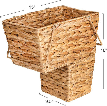 Household Essentials Wicker Stair Basket with Handles, Handwoven Water Hyacinth, Sits on Two Stairs, Lightweight, Natural