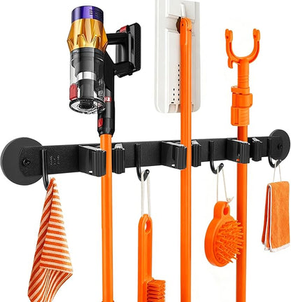 Magnetic Broom Holder Wall Mount with 4 Hooks and 3 Rack- Heavy Duty Non-Slip Mop Hanger for Wet Mops &Cleaning Tools on Refrigerator,Metal Door,Garage,Kitchen (3Racks 4Hooks)