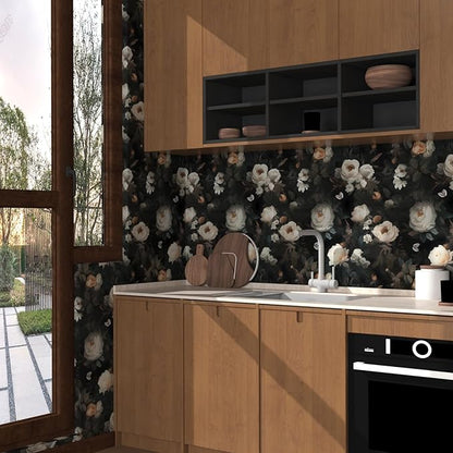 Fvlow Dark Wallpaper Floral Peel and Stick 17.4" x 394" Black White Contact Paper Vintage Watercolor Self Adhesive Covering for Bedroom Cabinet Bathroom Home Decor