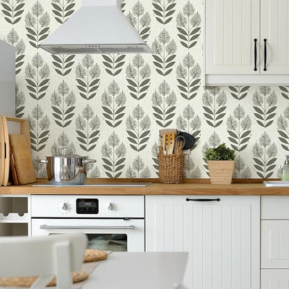 Naphite Tulip Floral Peel and Stick Wallpaper Vintage Leaf Contact Paper for Cabinet Drawer Boho Contact Paper Self Adhesive Wallpaper for Bathroom Farmhouse Retro Flower Wall Decor 17.3inW 590inL