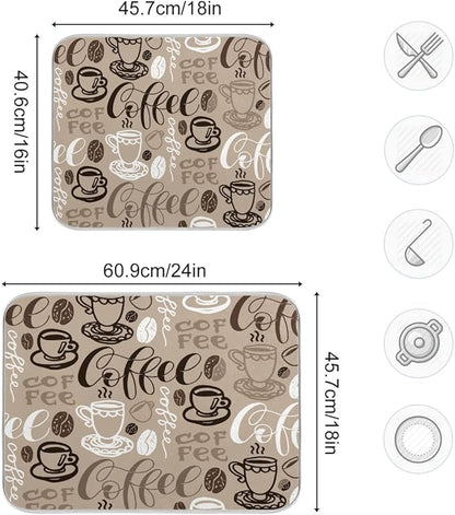 Brown Coffee Dish Drying Mat - 16 x 18 Inch Reversible Microfiber Kitchen Mat with High Absorbency