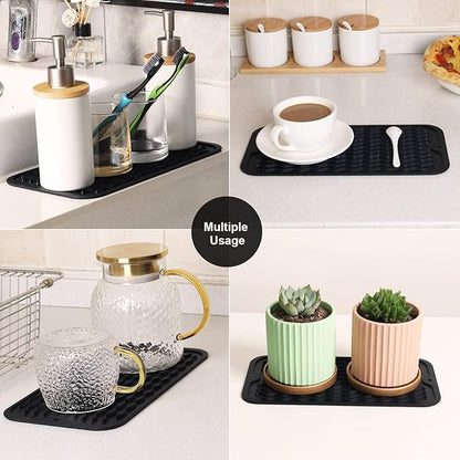 ZLR 2 Pcs Silicone Sponge Holder & Sink Caddy Tray (6" x 12") - Narrow Dish Drying Mat for Kitchen Counter - Waterproof Soap Dispenser Organizer, Non-Slip Bathroom Vanity Tray (Black)
