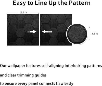Black Peel and Stick Wallpaper Self Adhesive 3D Hexagon Geometric Embossed Contact Paper Removable Easy Peel Off Textured Wallpaper for Cabinet Bedroom 15.7" X 118"