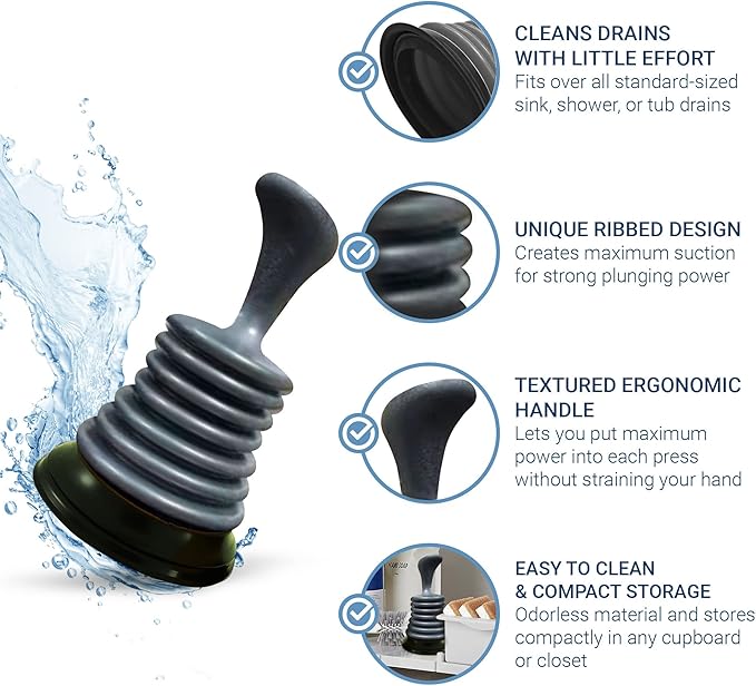 Meadow Lane Small 7" Sink Plunger - Mini Clog Remover for Kitchen & Bathroom Sink Drains - Hand Ergonomic, Space-Saving & Powerful Suction - Universal Fit, Commercial Grade, Silver/White, 2-Pack
