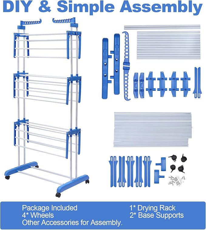 Foldable Clothes Drying Rack, 4 Tier Metal Clothes Rail with Wheels 7 Windproof Hooks Clothes Horses Rack Laundry Garment Dryer Stand with 2 Side Wings Indoor, Outdoor, Bedroom, Loft (Blue)