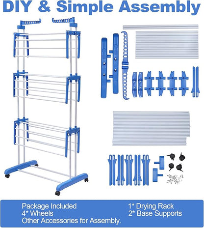 Foldable Clothes Drying Rack, 4 Tier Metal Clothes Rail with Wheels 7 Windproof Hooks Clothes Horses Rack Laundry Garment Dryer Stand with 2 Side Wings Indoor, Outdoor, Bedroom, Loft (Blue)