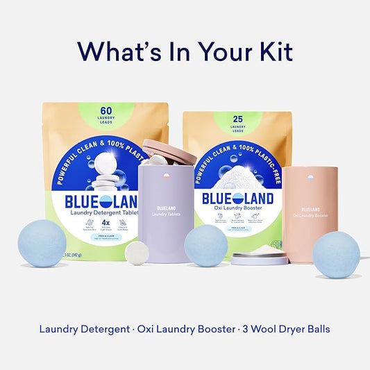 BLUELAND Laundry Essentials Kit, Fragrance Free & Clear - Plastic-Free Laundry Detergent Tablets, Oxi Booster, and Reuseable Natural Wool Dryer Balls