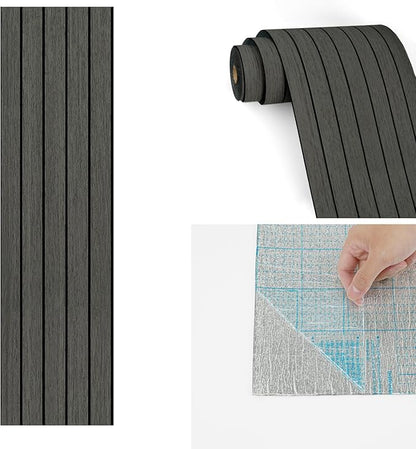 Wallercity Black/Grey Peel and Stick Wood Panels Removable 3D Wood Grain Slat Soundproof Wall Panel for Walls Self Adhesive Vinyl Wooden Fluted Wall Panels for Bedroom Bathroom RV Basement 11.7"x197"