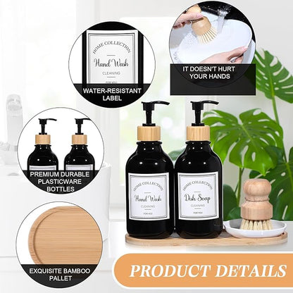 Zopeal 4 Pcs 16 oz Kitchen Soap Dispenser Set with Bamboo Tray and Dish Brush Plastic Soap Dispenser Set with Waterproof Labels for Hand Dish Lotion(Black)